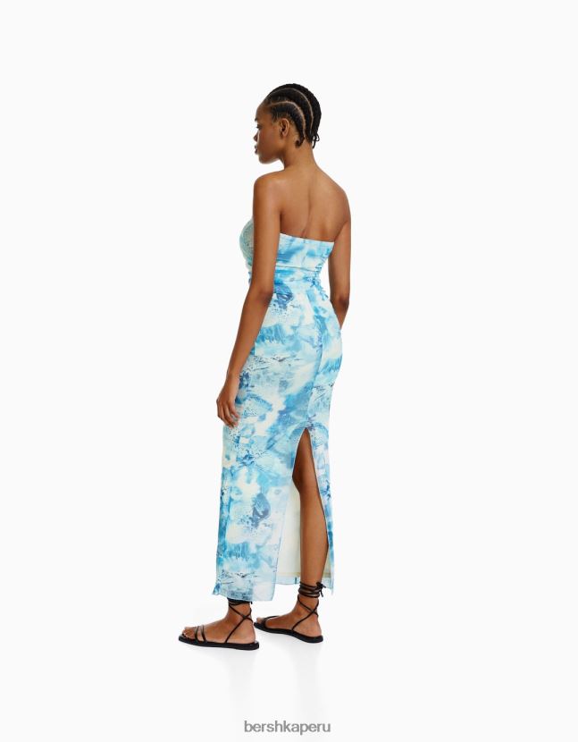azul claro Bershka mujer vestido midi de tul con hombros descubiertos y estampado 806J6B210