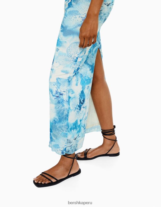 azul claro Bershka mujer vestido midi de tul con hombros descubiertos y estampado 806J6B210