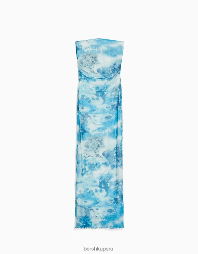 azul claro Bershka mujer vestido midi de tul con hombros descubiertos y estampado 806J6B210