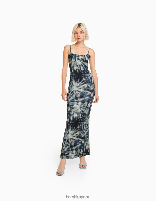 azul oscuro Bershka mujer vestido largo efecto tie dye con tirantes finos 806J6B37