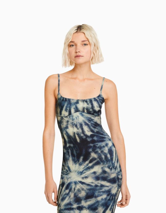 azul oscuro Bershka mujer vestido largo efecto tie dye con tirantes finos 806J6B37