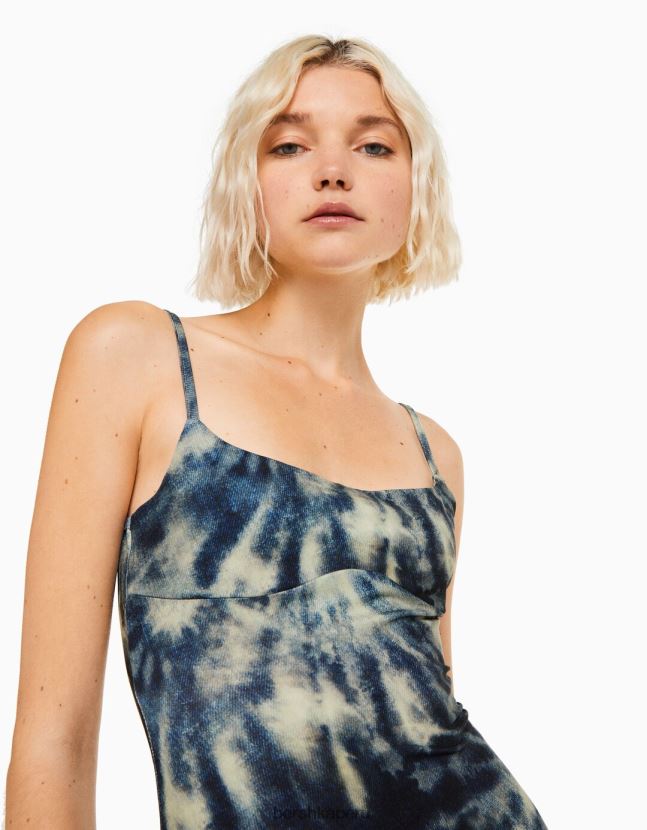 azul oscuro Bershka mujer vestido largo efecto tie dye con tirantes finos 806J6B37