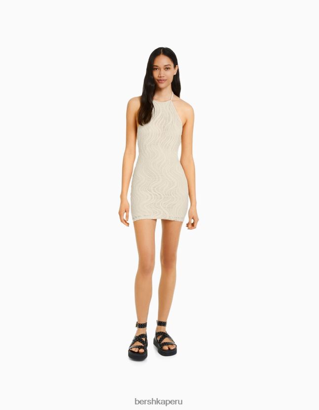beige Bershka mujer mini vestido de crochet con cuello halter 806J6B1931