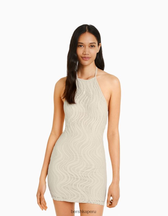 beige Bershka mujer mini vestido de crochet con cuello halter 806J6B202