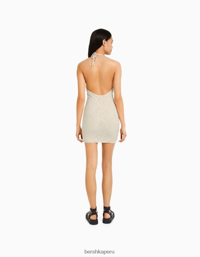 beige Bershka mujer mini vestido de crochet con cuello halter 806J6B202