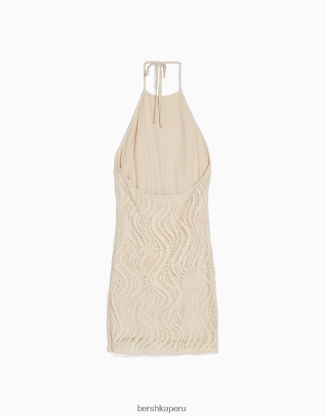 beige Bershka mujer mini vestido de crochet con cuello halter 806J6B202
