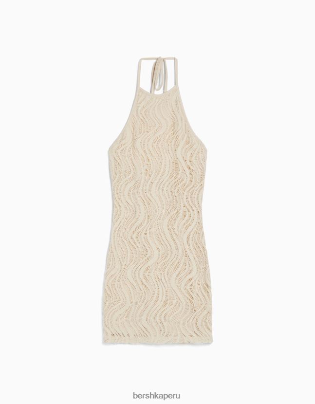 beige Bershka mujer mini vestido de crochet con cuello halter 806J6B202