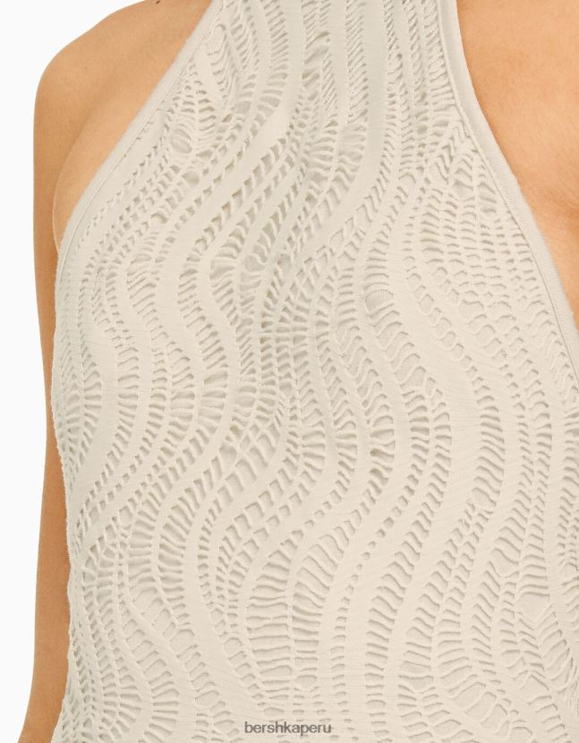 beige Bershka mujer mini vestido de crochet con cuello halter 806J6B202