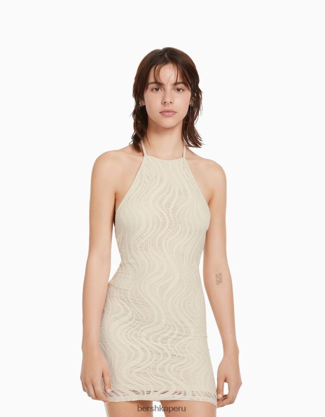 beige Bershka mujer mini vestido de crochet con cuello halter 806J6B4101