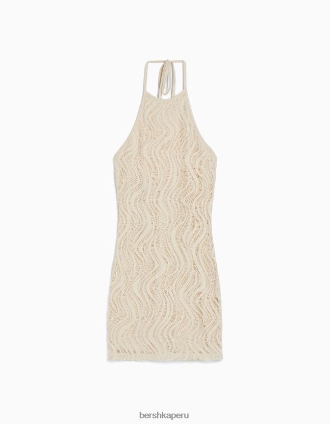 beige Bershka mujer mini vestido de crochet con cuello halter 806J6B4101