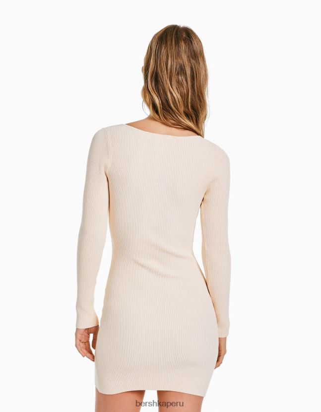 beige Bershka mujer mini vestido de punto con manga larga y detalle de pedrería 806J6B233