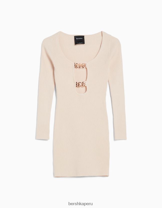beige Bershka mujer mini vestido de punto con manga larga y detalle de pedrería 806J6B233