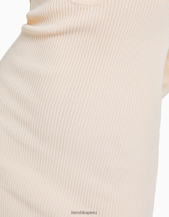 beige Bershka mujer mini vestido de punto con manga larga y detalle de pedrería 806J6B233