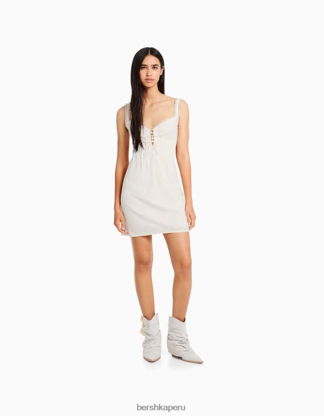 beige Bershka mujer mini vestido de tiras estilo corsé rústico con detalle de lazo 806J6B178