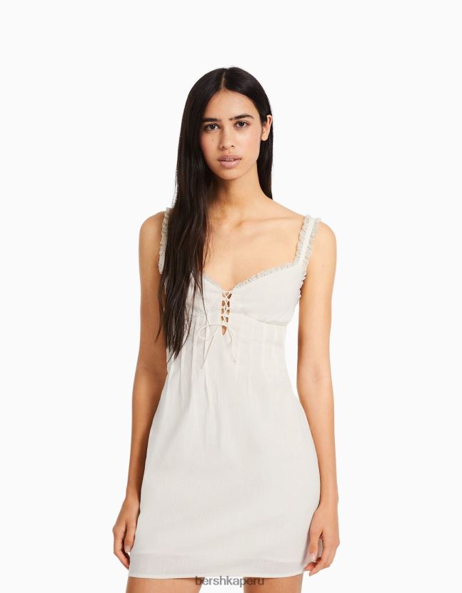 beige Bershka mujer mini vestido de tiras estilo corsé rústico con detalle de lazo 806J6B178