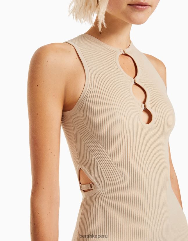 beige Bershka mujer minivestido de nailon sin mangas con detalle de aberturas 806J6B163
