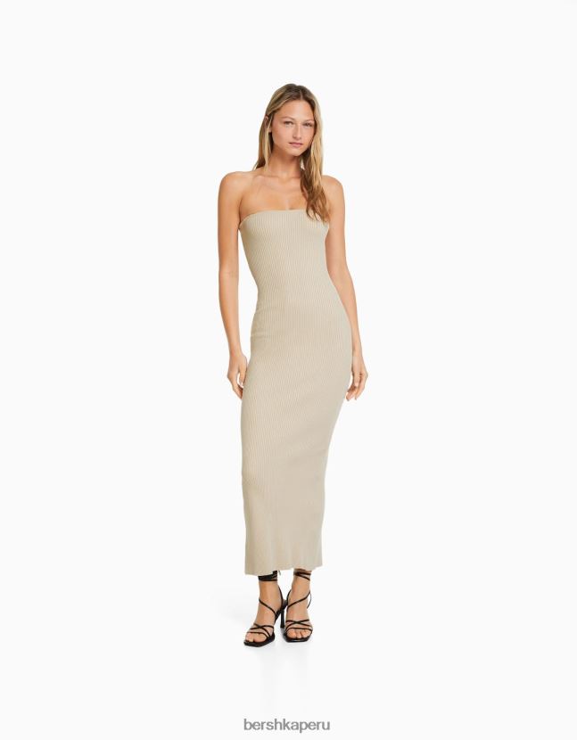 beige Bershka mujer vestido midi con escote palabra de honor 806J6B42