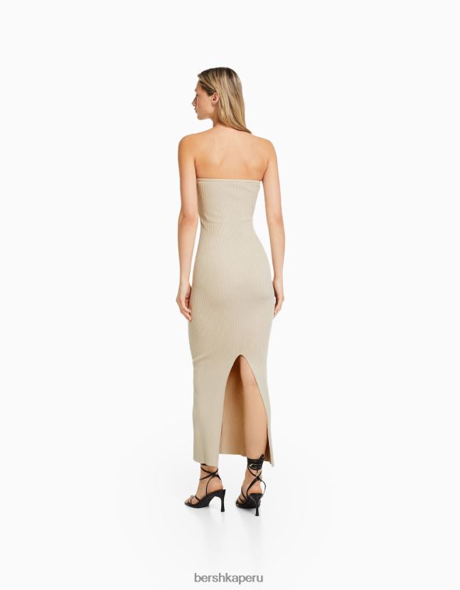 beige Bershka mujer vestido midi con escote palabra de honor 806J6B42