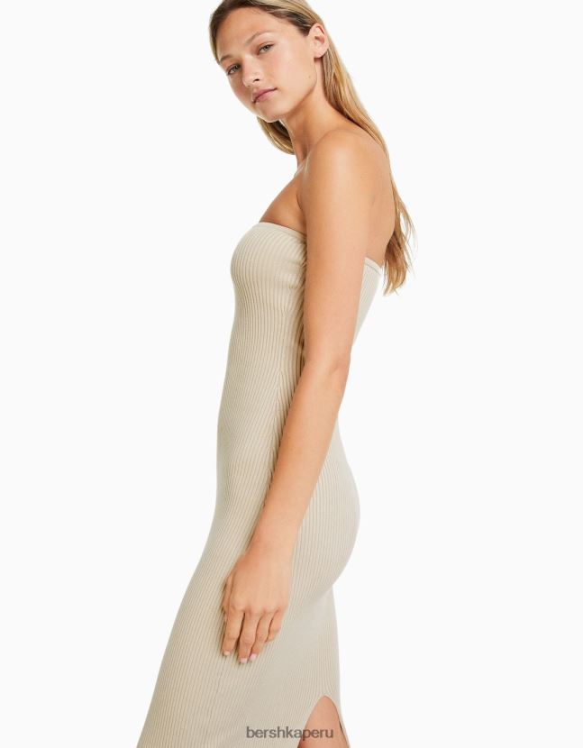 beige Bershka mujer vestido midi con escote palabra de honor 806J6B42
