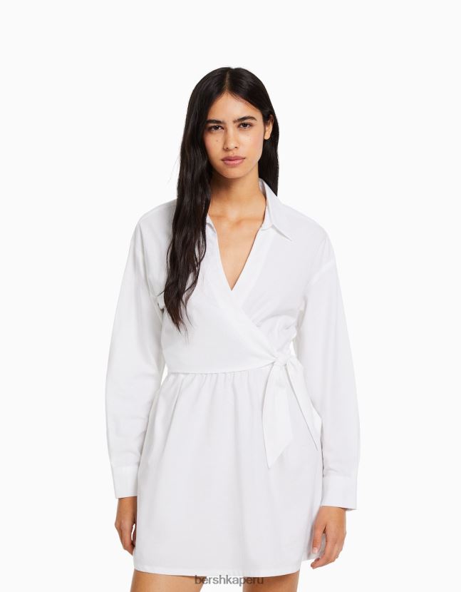 blanco Bershka mujer mini vestido camisero de manga larga con detalle cruzado 806J6B110