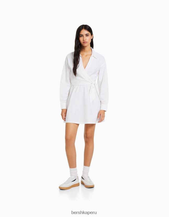 blanco Bershka mujer mini vestido camisero de manga larga con detalle cruzado 806J6B110