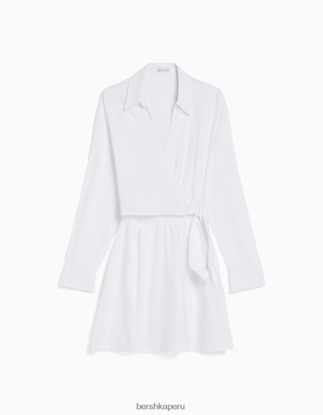 blanco Bershka mujer mini vestido camisero de manga larga con detalle cruzado 806J6B110