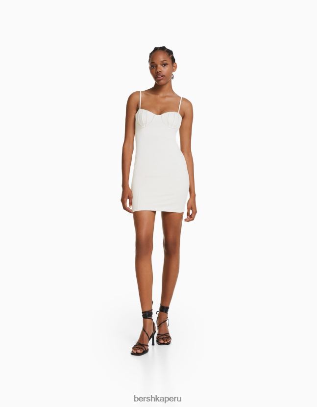 blanco Bershka mujer minivestido ajustado de tirantes con frunces y pedrería 806J6B18