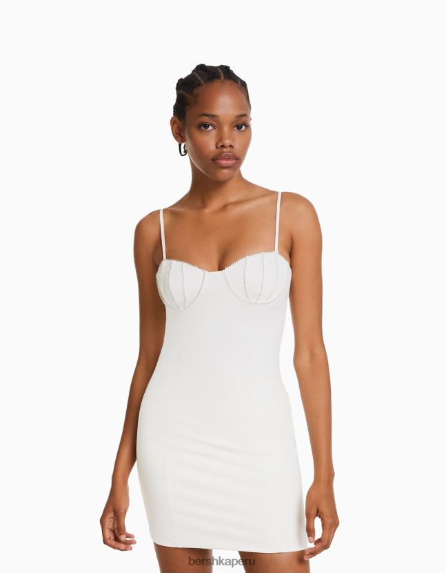 blanco Bershka mujer minivestido ajustado de tirantes con frunces y pedrería 806J6B18