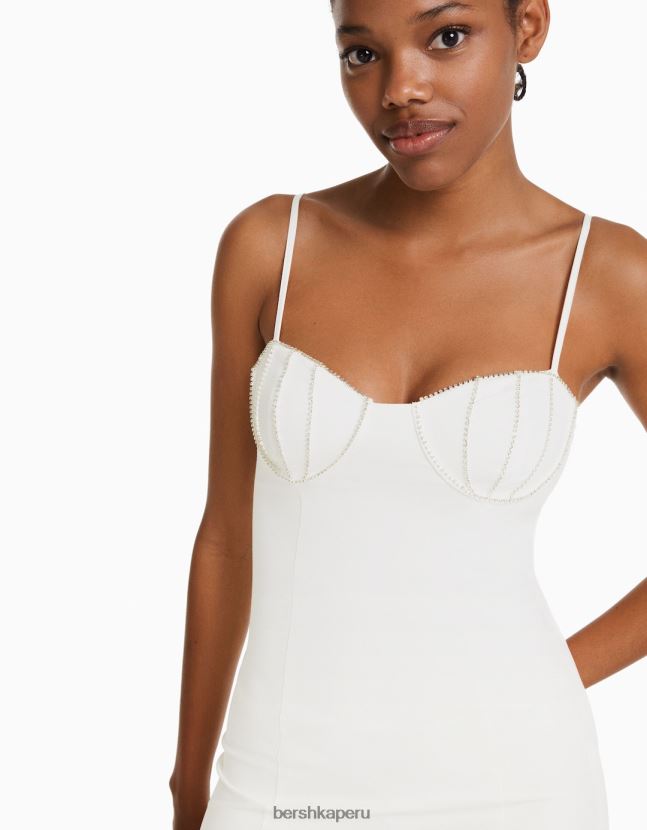 blanco Bershka mujer minivestido ajustado de tirantes con frunces y pedrería 806J6B18