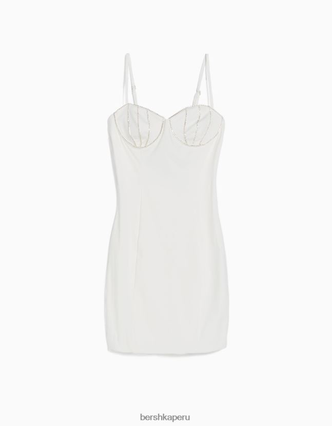 blanco Bershka mujer minivestido ajustado de tirantes con frunces y pedrería 806J6B18