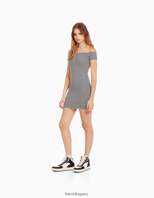 blanco Bershka mujer vestido corto con escote bardot 806J6B4069