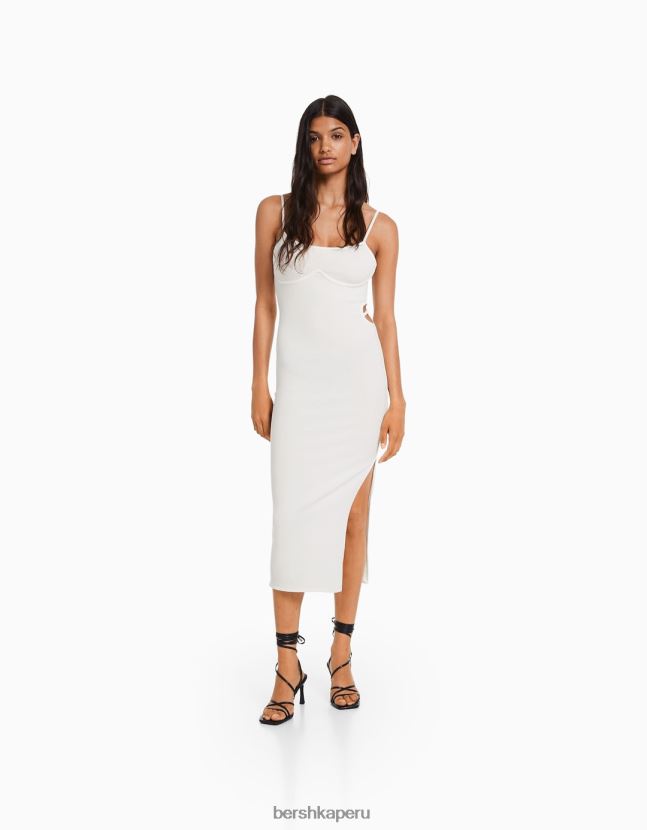blanco Bershka mujer vestido largo de canalé ajustado con tiras y detalle de aberturas 806J6B8