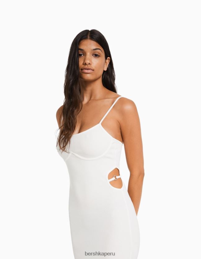 blanco Bershka mujer vestido largo de canalé ajustado con tiras y detalle de aberturas 806J6B8