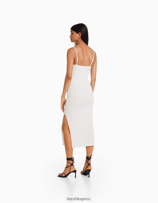 blanco Bershka mujer vestido largo de canalé ajustado con tiras y detalle de aberturas 806J6B8