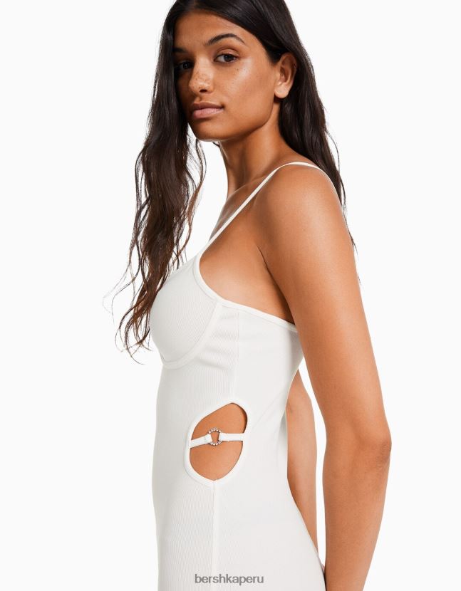 blanco Bershka mujer vestido largo de canalé ajustado con tiras y detalle de aberturas 806J6B8
