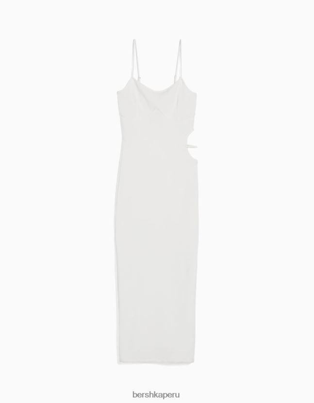 blanco Bershka mujer vestido largo de canalé ajustado con tiras y detalle de aberturas 806J6B8