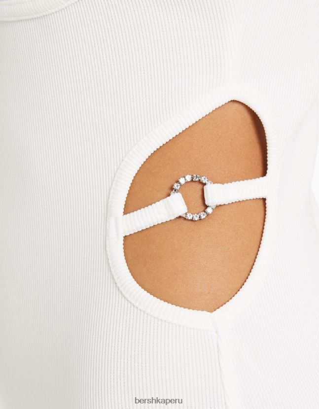 blanco Bershka mujer vestido largo de canalé ajustado con tiras y detalle de aberturas 806J6B8