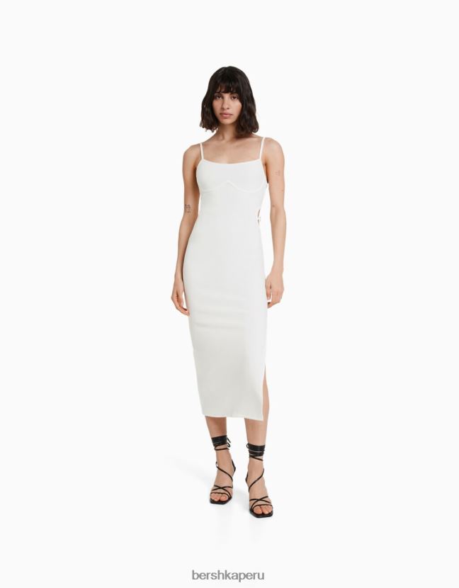 blanco Bershka mujer vestido largo de canalé ajustado con tiras y detalle de aberturas 806J6B9