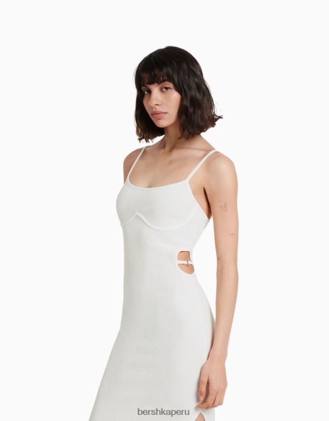 blanco Bershka mujer vestido largo de canalé ajustado con tiras y detalle de aberturas 806J6B9