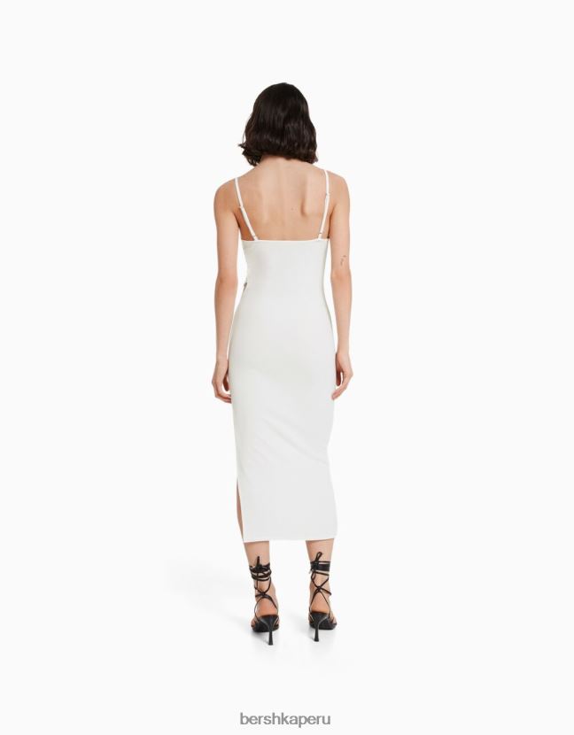 blanco Bershka mujer vestido largo de canalé ajustado con tiras y detalle de aberturas 806J6B9