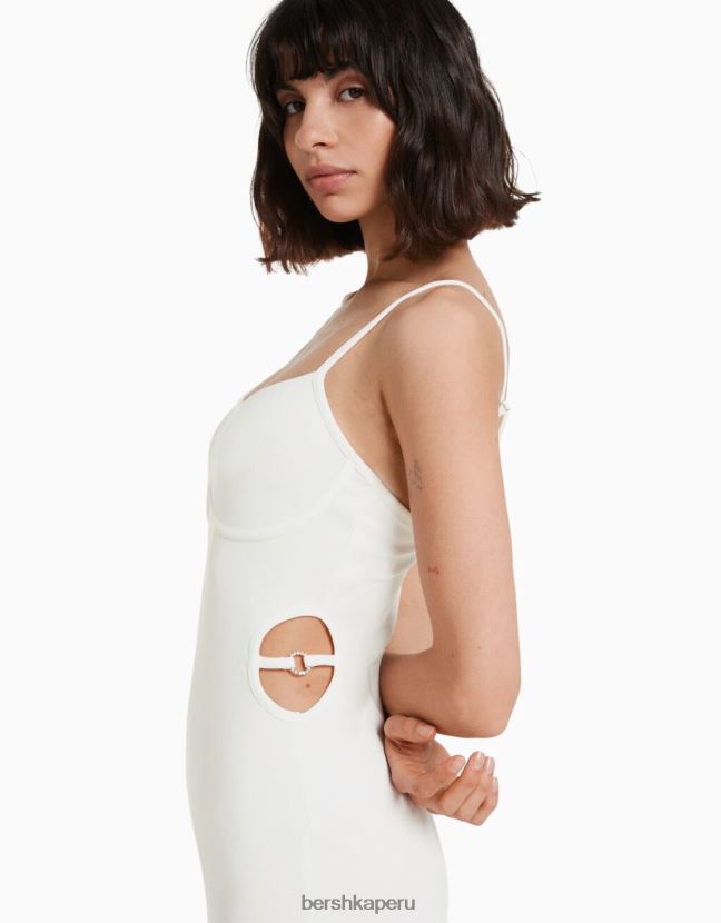 blanco Bershka mujer vestido largo de canalé ajustado con tiras y detalle de aberturas 806J6B9