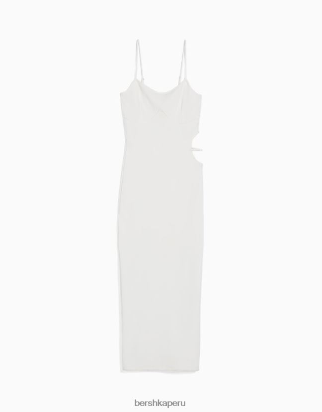blanco Bershka mujer vestido largo de canalé ajustado con tiras y detalle de aberturas 806J6B9