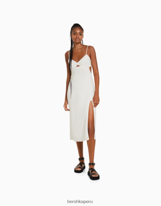 blanco Bershka mujer vestido midi de mezcla de lino con tirantes 806J6B76