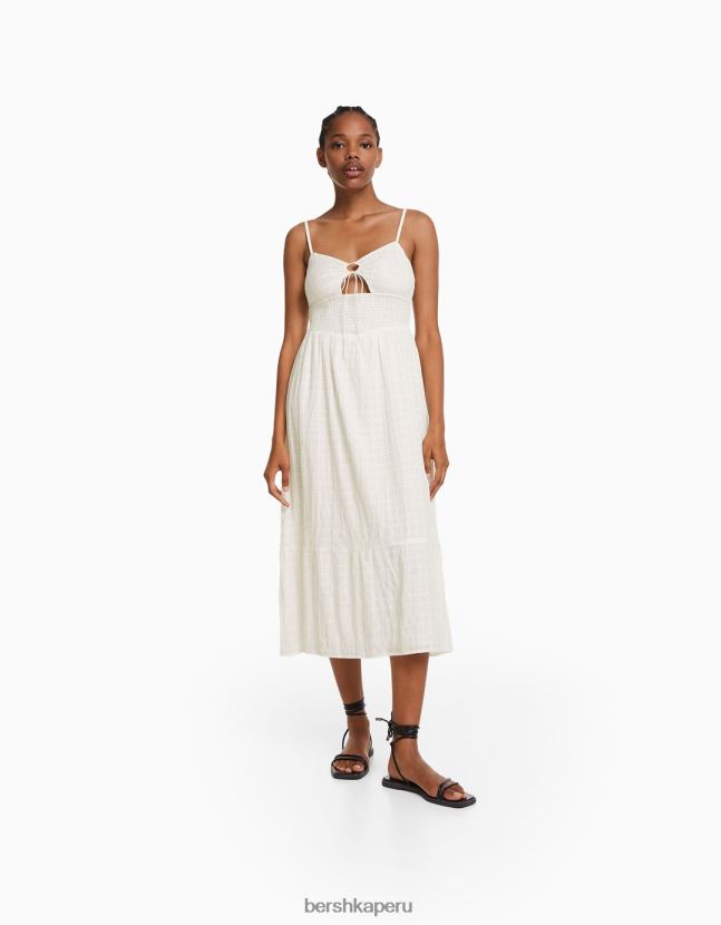 blanco Bershka mujer vestido midi de tiras con abertura y volantes 806J6B138