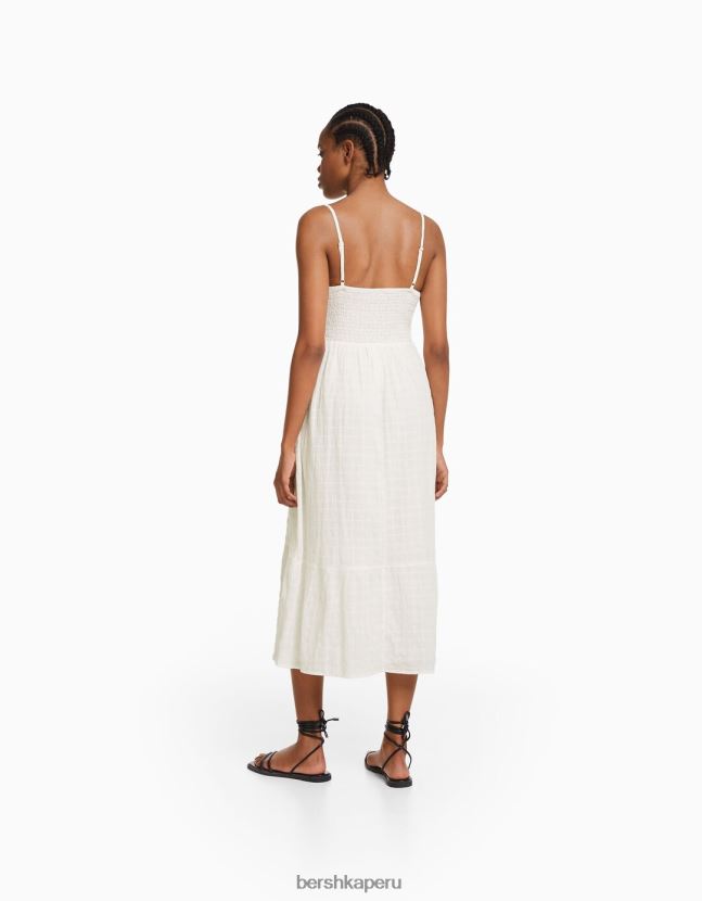 blanco Bershka mujer vestido midi de tiras con abertura y volantes 806J6B138