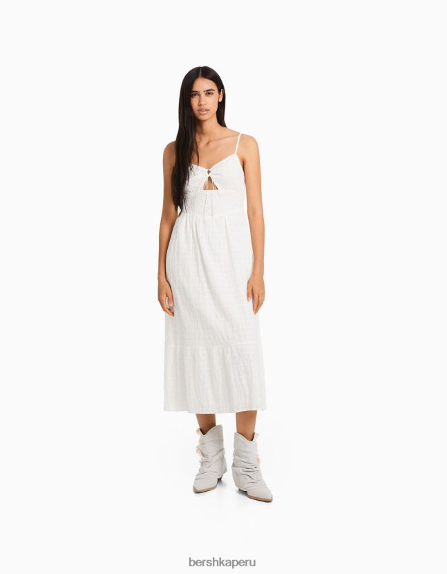 blanco Bershka mujer vestido midi de tiras con abertura y volantes 806J6B66