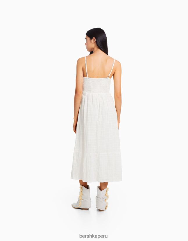 blanco Bershka mujer vestido midi de tiras con abertura y volantes 806J6B66