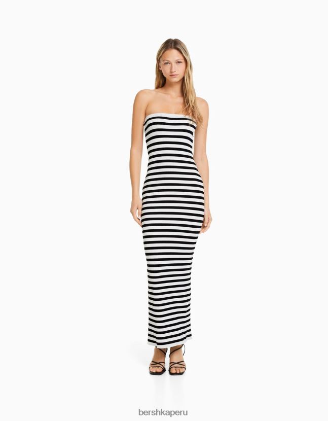 blanco Bershka mujer vestido midi palabra de honor a rayas 806J6B43