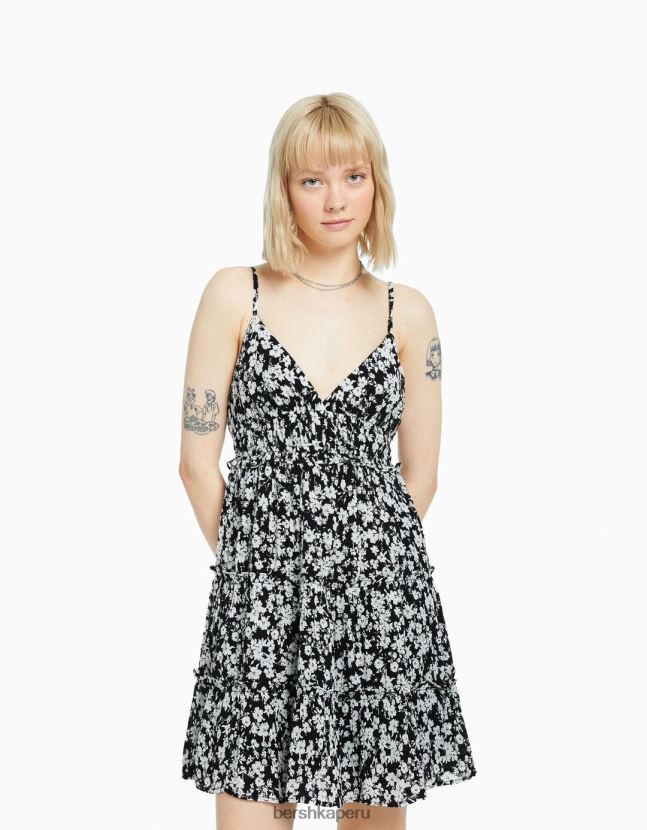 blanco negro Bershka mujer mini vestido con tirantes con volantes 806J6B4089