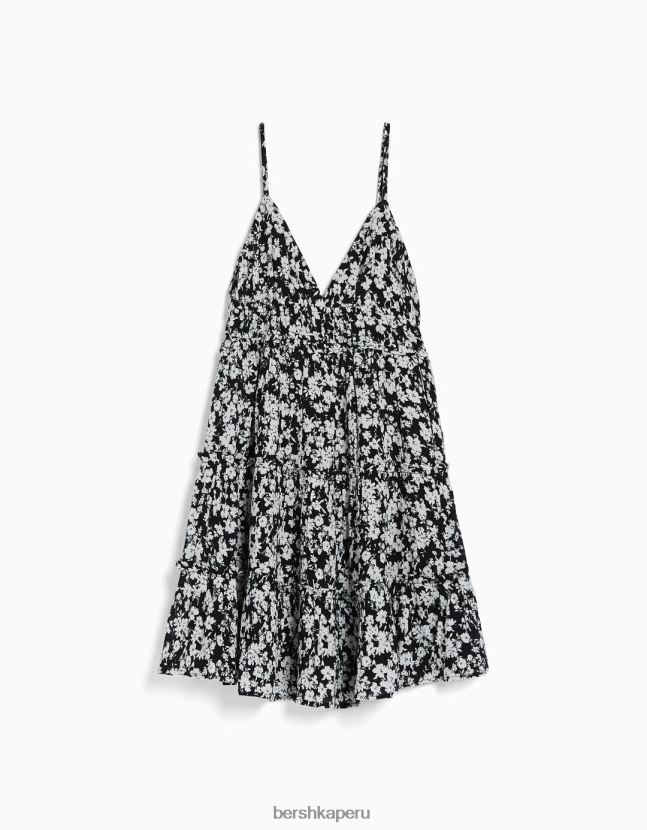 blanco negro Bershka mujer mini vestido con tirantes con volantes 806J6B4089